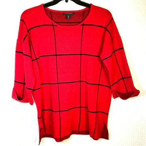 Tahari Sweater Plus Size 1X Red Black Windowpane Pullover Rolled Cuffs Boxy
